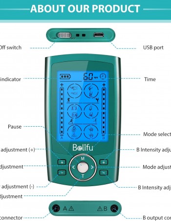 Belifu Dual Channel TENS EMS Unit 24 Modes Muscle Stimulator for Pain Relief Therapy, Electronic Pulse Massager Muscle Massager with 10 Pads, Dust-Proof Drawstring Storage Bag, Fastening Cable Ties